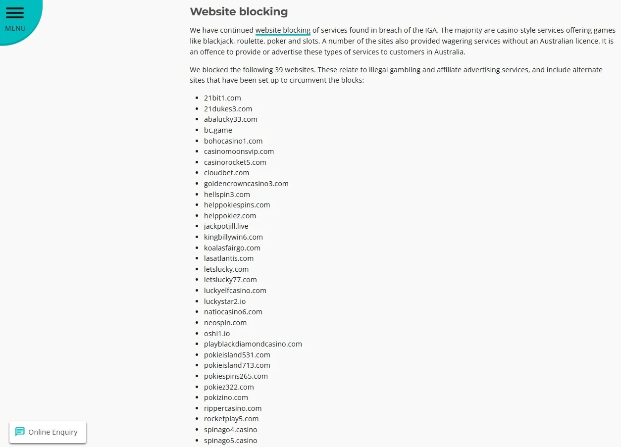 ACMA record listing luckyelfcasino.com in the October to December 2022 website-blocking action